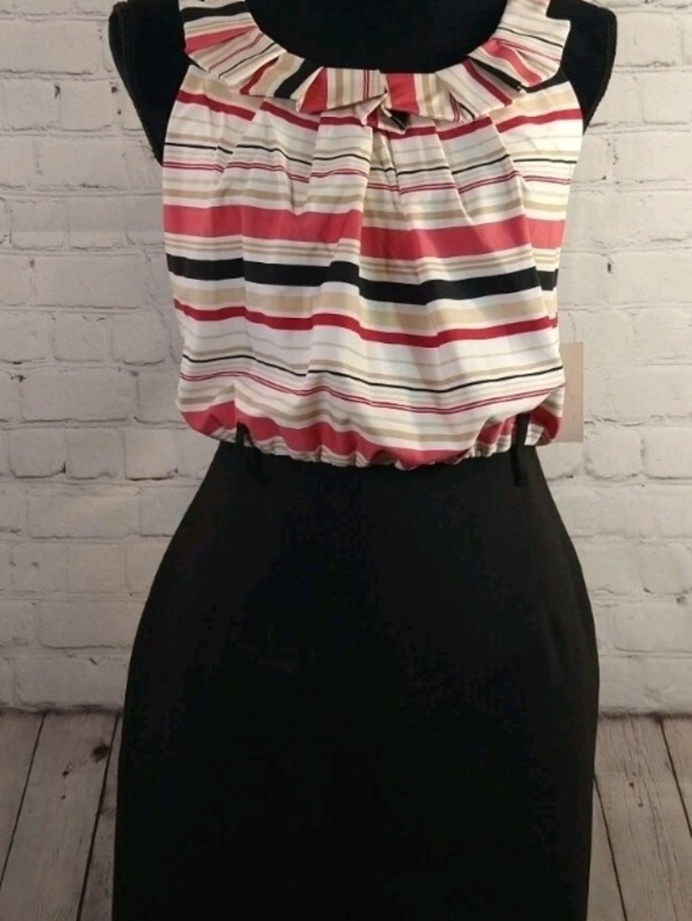 New York & Company Red, Black & Cream Striped Ruffle Neck Camisole